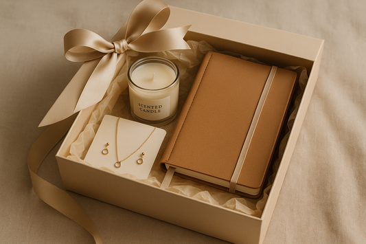 Gift box with beige colour and small candle , journal and jewerlry 