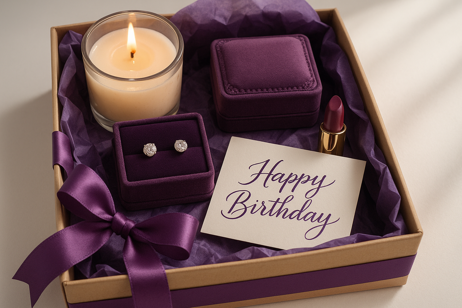 gift box with voilet colour, a candle , small purple jewelry box, studs, lipstick, handwritten happy birthday card