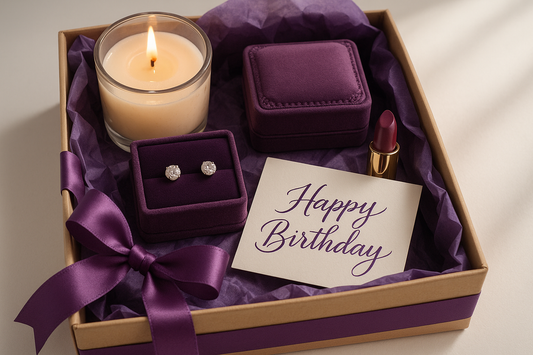 gift box with voilet colour, a candle , small purple jewelry box, studs, lipstick, handwritten happy birthday card