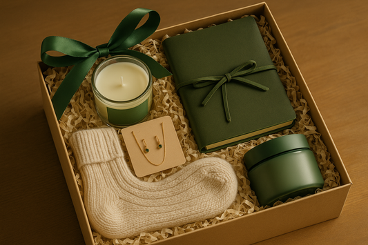 giftbox with green colour, with candle, cozy journal, body cream, jewelry and socks  